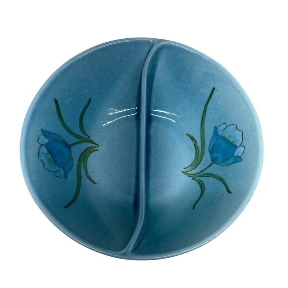 Vintage Metlox Vernon Ware Blue Tulip Divided Round Vegetable Bowl 9 1/8” - Picture 3 of 6